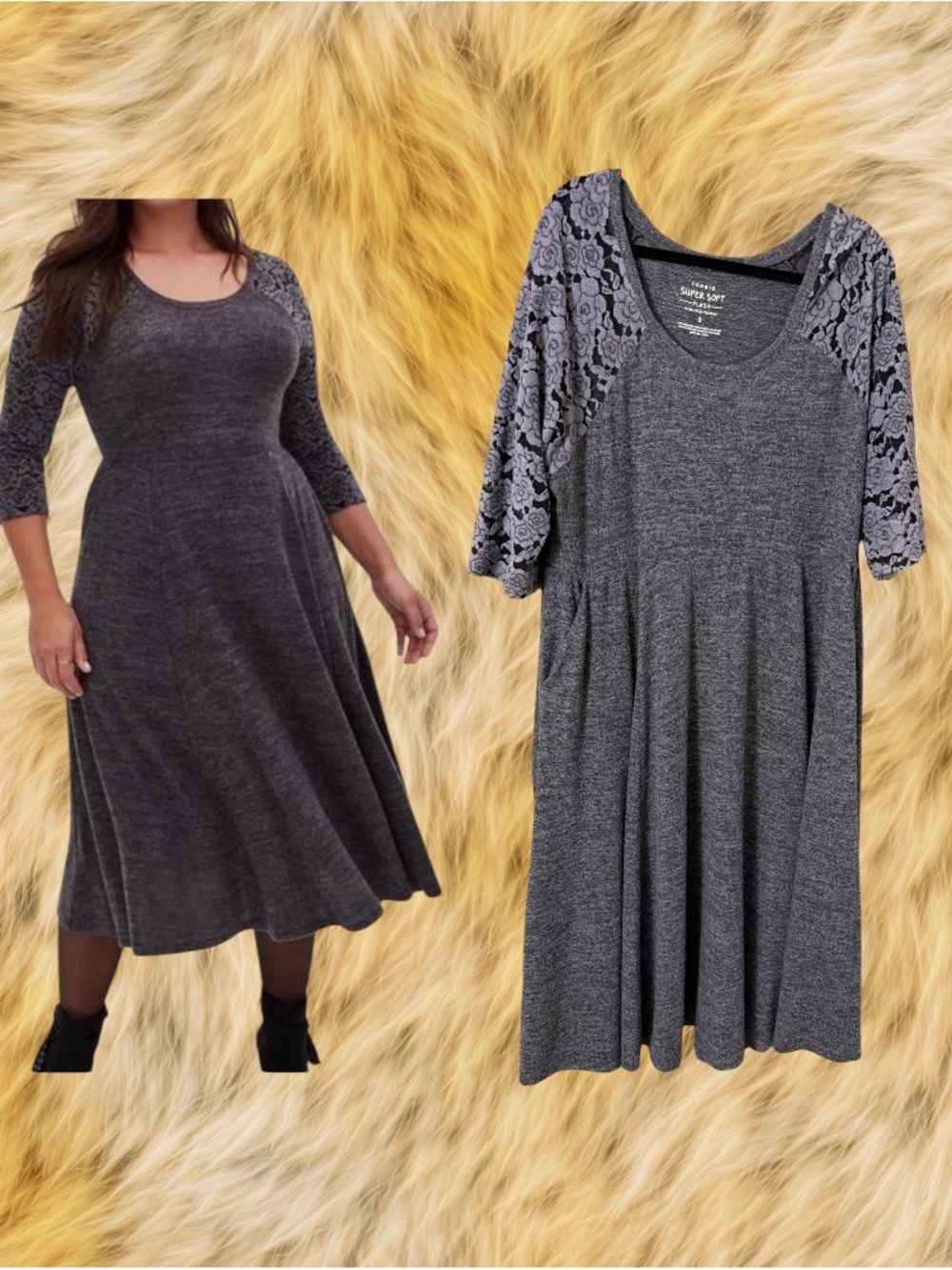 Torrid DRESS 3X Super Soft Plush 3/4 Laced Sleeved Grey Midi Fit & Flare Dress